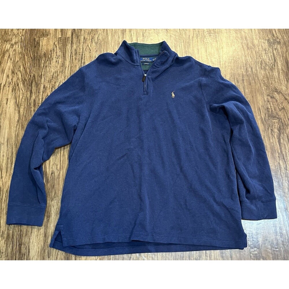 Polo Ralph Lauren Sweater Mens XL Blue Estate Rib 1/4 Zip Flesh Pony